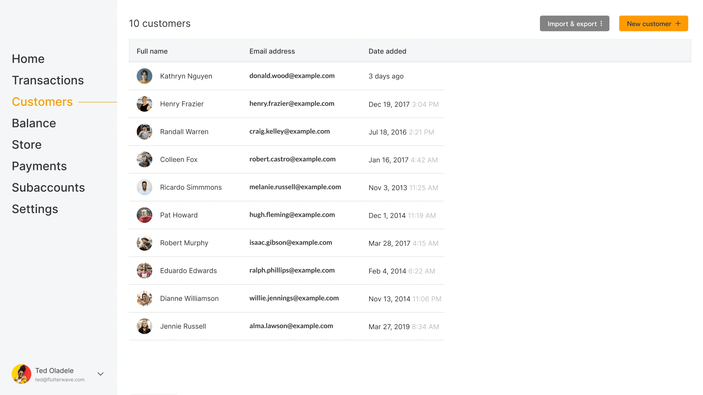 customers section of dashboard